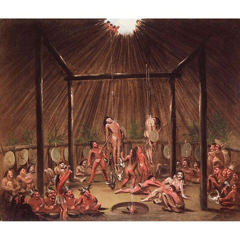 The Cutting Scene, Mandan O kee pa Ceremony Gold Ornate Wood Framed Art Print with Double Matting by Catlin, George