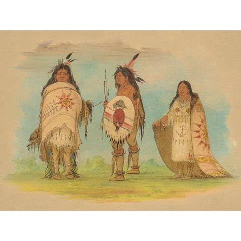 Three Riccarree Indians, 1861 Gold Ornate Wood Framed Art Print with Double Matting by Catlin, George