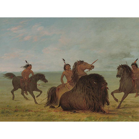 Camanchees Lancing a Buffalo Bull Gold Ornate Wood Framed Art Print with Double Matting by Catlin, George