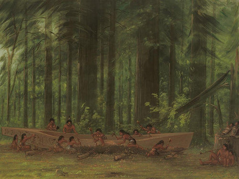 Excavating a Canoe Nayas Indians Black Ornate Wood Framed Art Print with Double Matting by Catlin, George