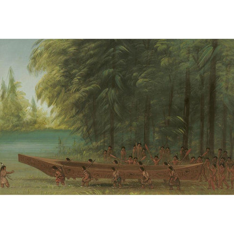 Launching a Canoe Nayas Indians Gold Ornate Wood Framed Art Print with Double Matting by Catlin, George