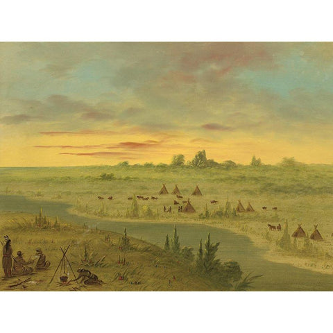 Encampment of Pawnee Indians at Sunset Gold Ornate Wood Framed Art Print with Double Matting by Catlin, George