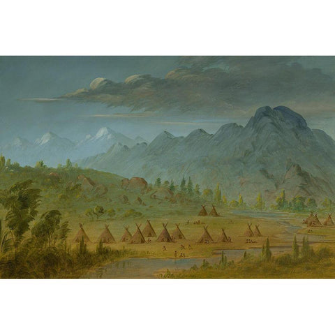 A Crow Village and the Salmon River Mountains Gold Ornate Wood Framed Art Print with Double Matting by Catlin, George