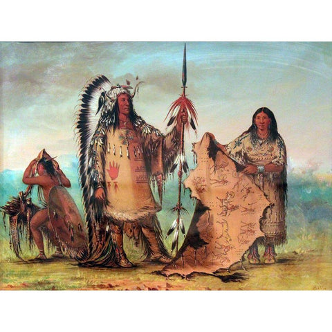 Mandan, Mato Tope with wife and son White Modern Wood Framed Art Print by Catlin, George