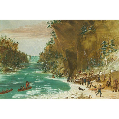 The Expedition Encamped below the Falls of Niagara Black Modern Wood Framed Art Print with Double Matting by Catlin, George