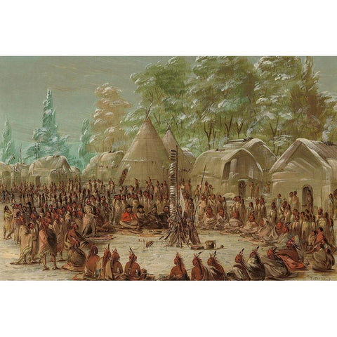 La Salles Party Feasted in the Illinois Village. January 2, 1680 Gold Ornate Wood Framed Art Print with Double Matting by Catlin, George