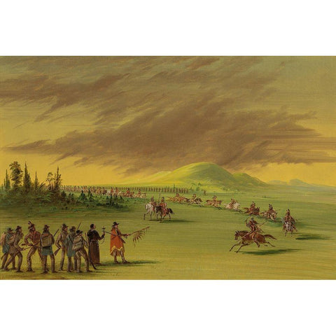 La Salle Meets a War Party of Cenis Indians on a Texas Prairie. April 25, 1686 White Modern Wood Framed Art Print by Catlin, George