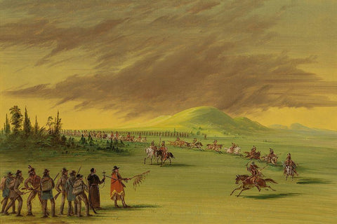 La Salle Meets a War Party of Cenis Indians on a Texas Prairie. April 25, 1686 White Modern Wood Framed Art Print with Double Matting by Catlin, George