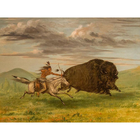 Indian Killing Buffalo with Bow and Arrow White Modern Wood Framed Art Print by Catlin, George