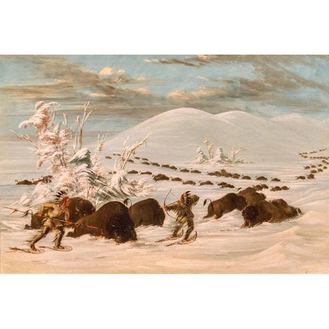 Winter Sport of Killing Buffalo Gold Ornate Wood Framed Art Print with Double Matting by Catlin, George