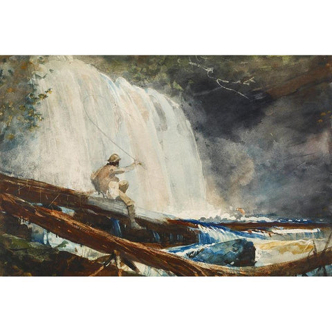 Waterfall in the Adirondacks Gold Ornate Wood Framed Art Print with Double Matting by Homer, Winslow