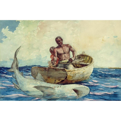 Shark fishing Black Modern Wood Framed Art Print with Double Matting by Homer, Winslow