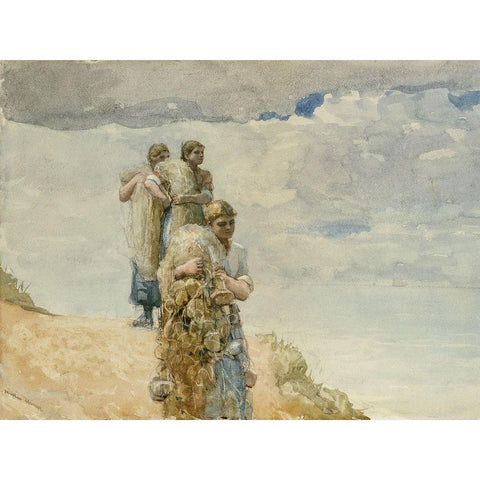 On The Cliff, Cullercoats White Modern Wood Framed Art Print by Homer, Winslow