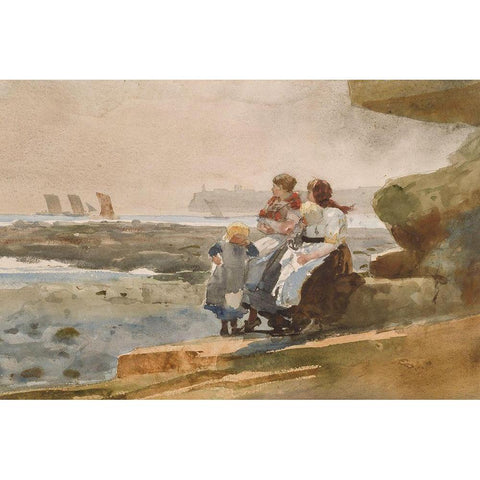 Under the Cliff, Cullercoats Black Modern Wood Framed Art Print with Double Matting by Homer, Winslow