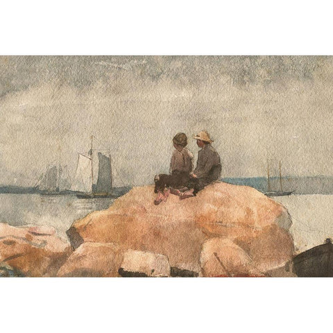 Two Boys Watching Schooners White Modern Wood Framed Art Print by Homer, Winslow