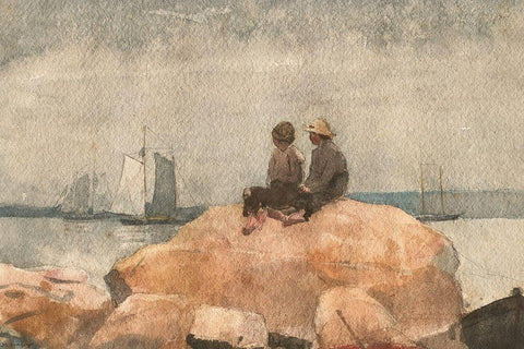 Two Boys Watching Schooners White Modern Wood Framed Art Print with Double Matting by Homer, Winslow