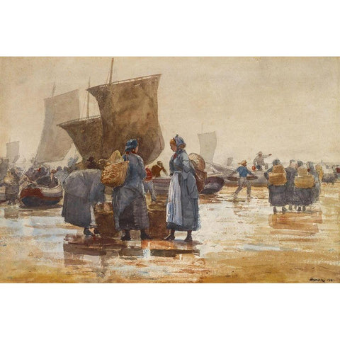 Fisherfolk on the Beach at Cullercoats White Modern Wood Framed Art Print by Homer, Winslow