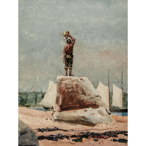 Boy Hailing Schooners Black Modern Wood Framed Art Print with Double Matting by Homer, Winslow