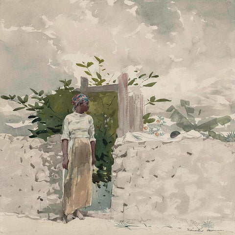 Woman Standing by a Gate, Bahamas Black Ornate Wood Framed Art Print with Double Matting by Homer, Winslow