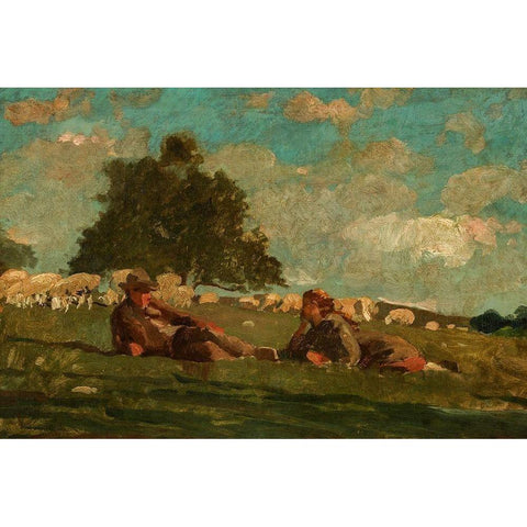 Boy and Girl in a Field with Sheep White Modern Wood Framed Art Print by Homer, Winslow