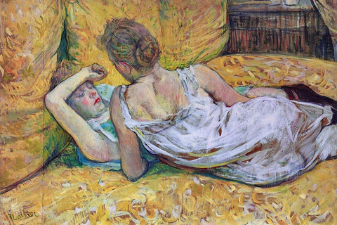 Les Deux Amies White Modern Wood Framed Art Print with Double Matting by Toulouse-Lautrec, Henri de