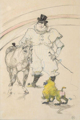 At the Circus, Trained Pony and Baboon White Modern Wood Framed Art Print with Double Matting by Toulouse-Lautrec, Henri de