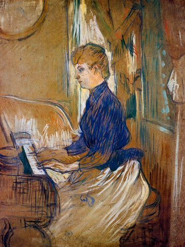At the Piano Madame Juliette Pascal in the Salon of the Chateau de Malrome Black Ornate Wood Framed Art Print with Double Matting by Toulouse-Lautrec, Henri de