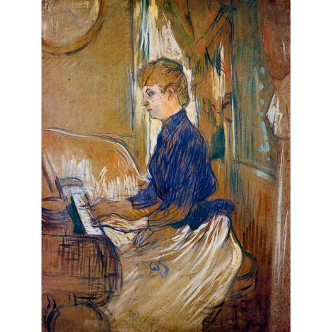 At the Piano Madame Juliette Pascal in the Salon of the Chateau de Malrome Black Modern Wood Framed Art Print by Toulouse-Lautrec, Henri de