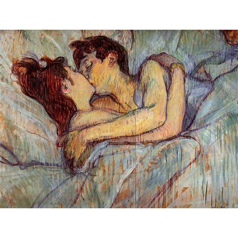 In Bed, The Kiss White Modern Wood Framed Art Print by Toulouse-Lautrec, Henri de