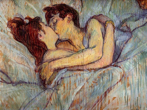 In Bed, The Kiss White Modern Wood Framed Art Print with Double Matting by Toulouse-Lautrec, Henri de