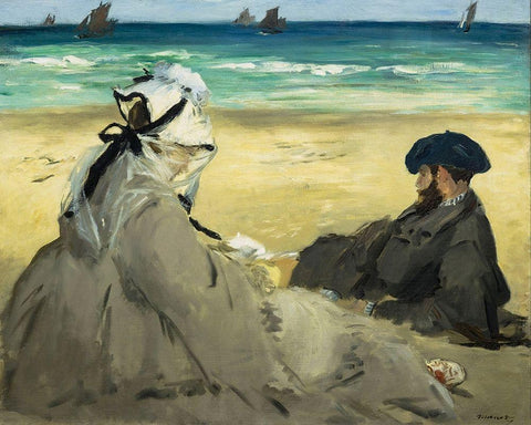 On the Beach White Modern Wood Framed Art Print with Double Matting by Manet, Edouard