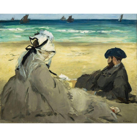 On the Beach Gold Ornate Wood Framed Art Print with Double Matting by Manet, Edouard