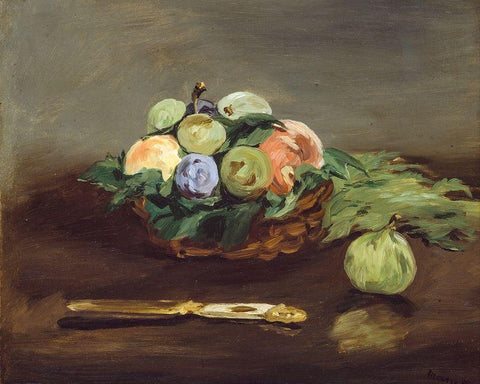 Basket of Fruit Black Ornate Wood Framed Art Print with Double Matting by Manet, Edouard