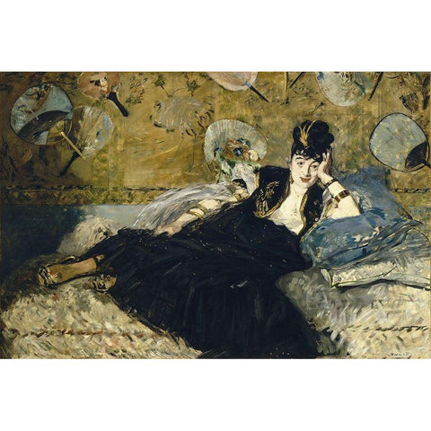 Woman with Fans Black Modern Wood Framed Art Print with Double Matting by Manet, Edouard