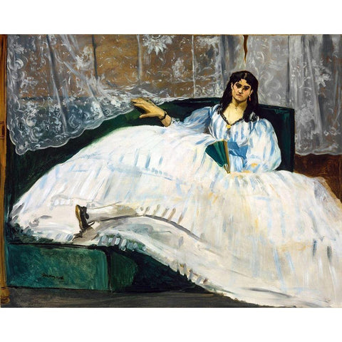 Woman with a Fan Gold Ornate Wood Framed Art Print with Double Matting by Manet, Edouard