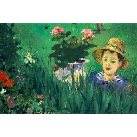 Boy in Flowers White Modern Wood Framed Art Print by Manet, Edouard