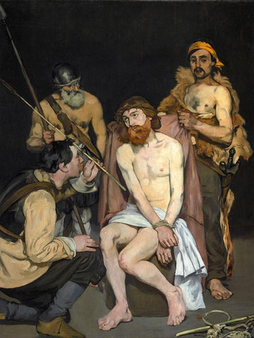 Jesus Mocked by the Soldiers White Modern Wood Framed Art Print with Double Matting by Manet, Edouard