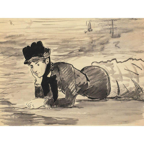 Woman Lying on the Beach. Annabel Lee White Modern Wood Framed Art Print by Manet, Edouard