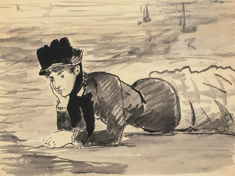 Woman Lying on the Beach. Annabel Lee Black Ornate Wood Framed Art Print with Double Matting by Manet, Edouard