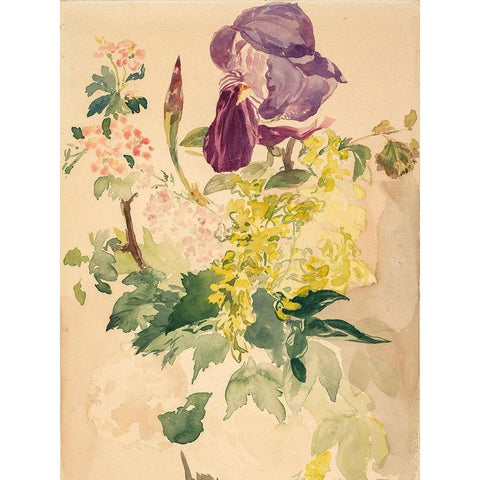 Flower Piece with Iris, Laburnum, and Geranium, 1880 Gold Ornate Wood Framed Art Print with Double Matting by Manet, Edouard