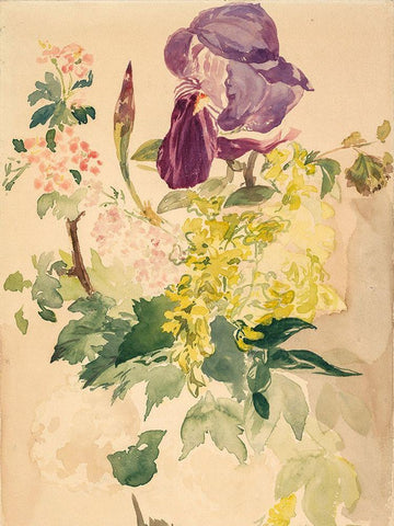 Flower Piece with Iris, Laburnum, and Geranium, 1880 White Modern Wood Framed Art Print with Double Matting by Manet, Edouard