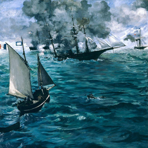 The Battle of the U.S.S. Kearsarge and the C.S.S. Alabama White Modern Wood Framed Art Print with Double Matting by Manet, Edouard