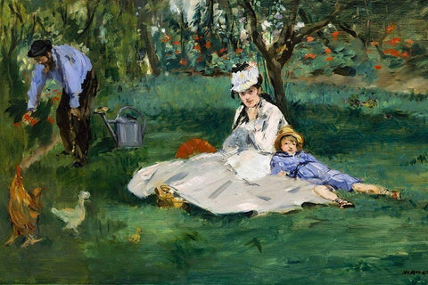 The Monet Family in Their Garden at Argenteuil White Modern Wood Framed Art Print with Double Matting by Manet, Edouard