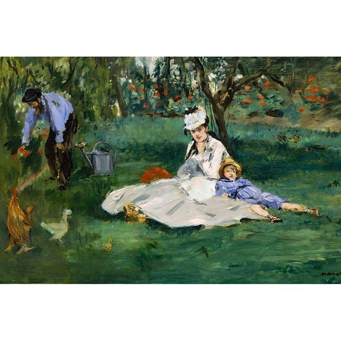 The Monet Family in Their Garden at Argenteuil White Modern Wood Framed Art Print by Manet, Edouard