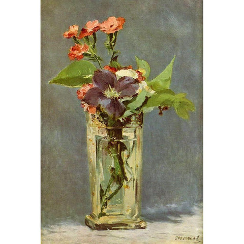 Carnations and clematis in a crystal vase White Modern Wood Framed Art Print by Manet, Edouard