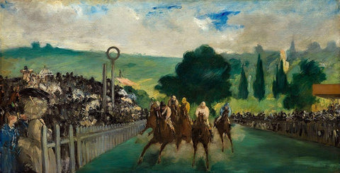 The Races at Longchamp Black Ornate Wood Framed Art Print with Double Matting by Manet, Edouard