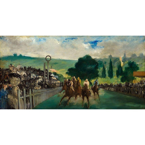 The Races at Longchamp White Modern Wood Framed Art Print by Manet, Edouard