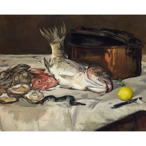 Fish Still Life Black Modern Wood Framed Art Print with Double Matting by Manet, Edouard