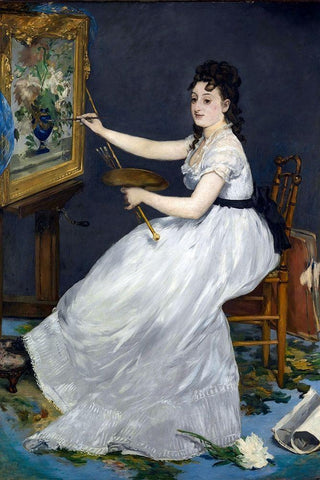 Portrait of Eva Gonzales in Manets studio White Modern Wood Framed Art Print with Double Matting by Manet, Edouard