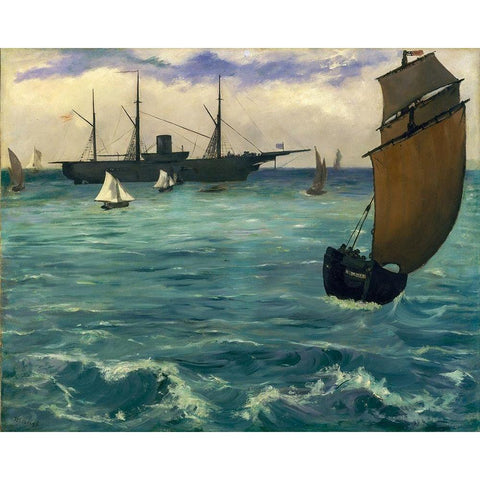 TheÂ KearsargeÂ at Boulogne White Modern Wood Framed Art Print by Manet, Edouard